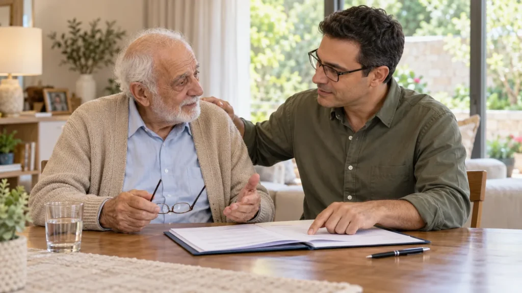 בן משפחה מלווה אב מבוגר בעיון במסמכי מינוי אפוטרופוס