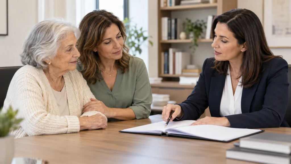 עורכת דין בפגישת ייעוץ עם אם מבוגרת ובתה בנושא אפוטרופסות